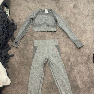 Matching Gymshark Pink and Gray Leggings and Long Sleeve Crop Top Set